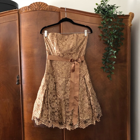 SOLD Betsy & Adam Bronze Lace Strapless Dress - Picture 1 of 8